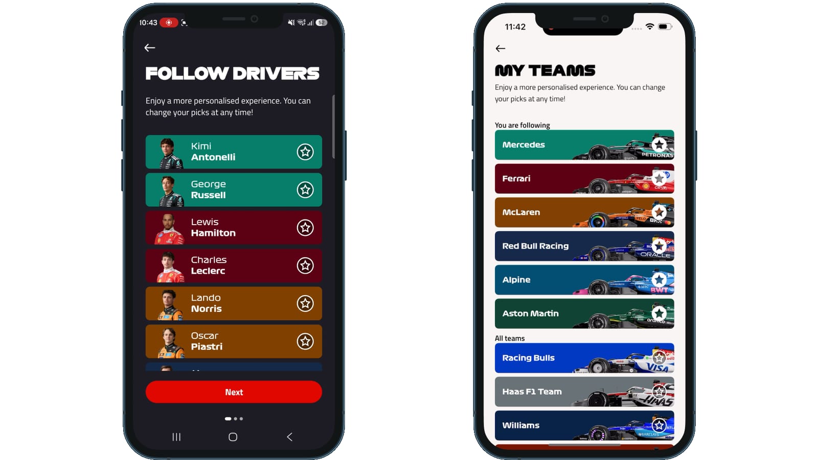 F1 app onboarding flow showing the follow-drivers step with driver cards and team selection