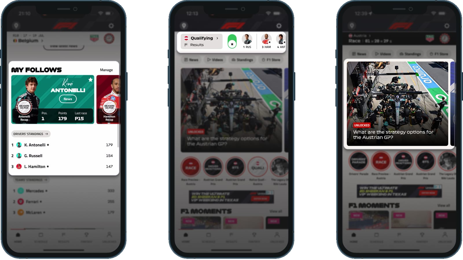 F1 home screen showing MY FOLLOWS carousel with live driver data and the star-filtered driver strip