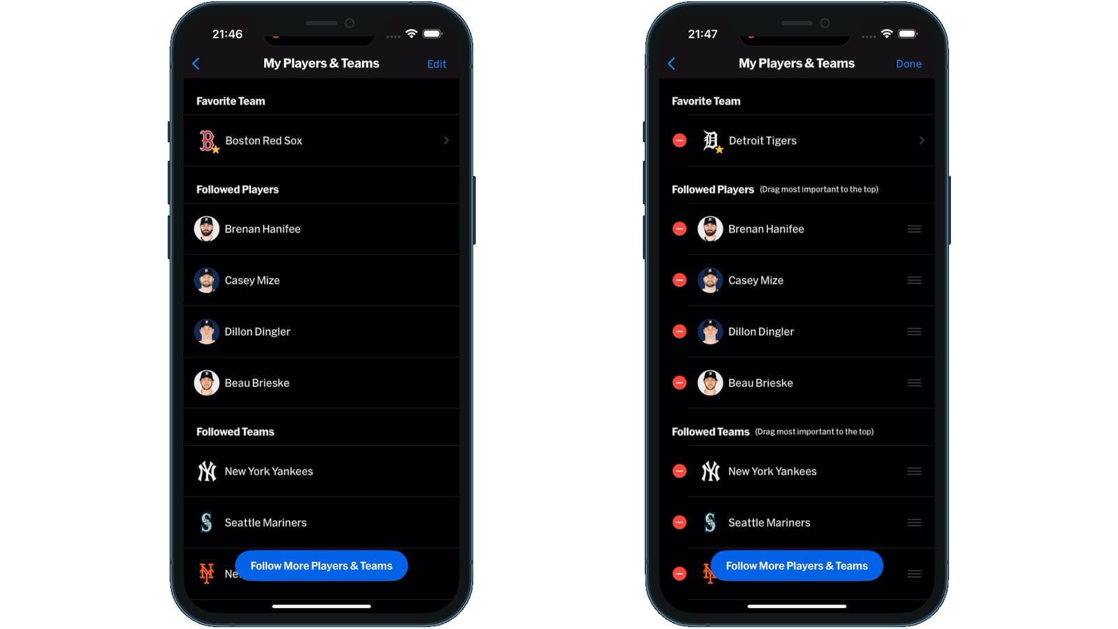 MLB app favourite team selection screen with team logos and drag-to-reorder interface