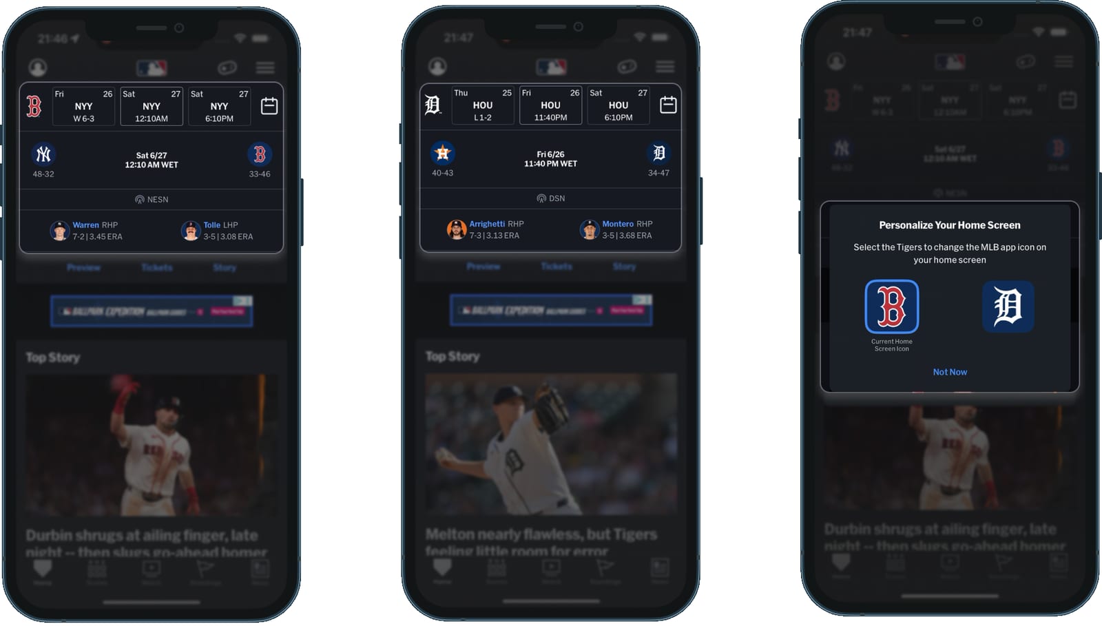 MLB home screen fully rebuilt around the Detroit Tigers — schedule strip, matchup card, editorial and standings all scoped to the favourite team, plus the app icon changed to the Tigers crest