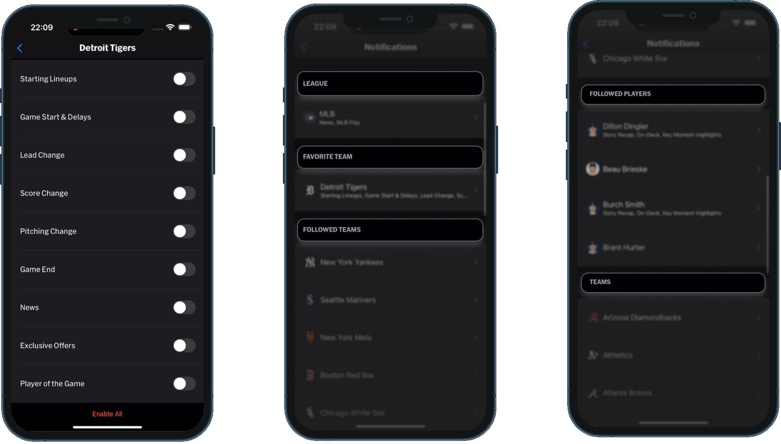 MLB four-tier notification settings covering league, favourite team, followed teams and followed players, with On-Deck alert highlighted