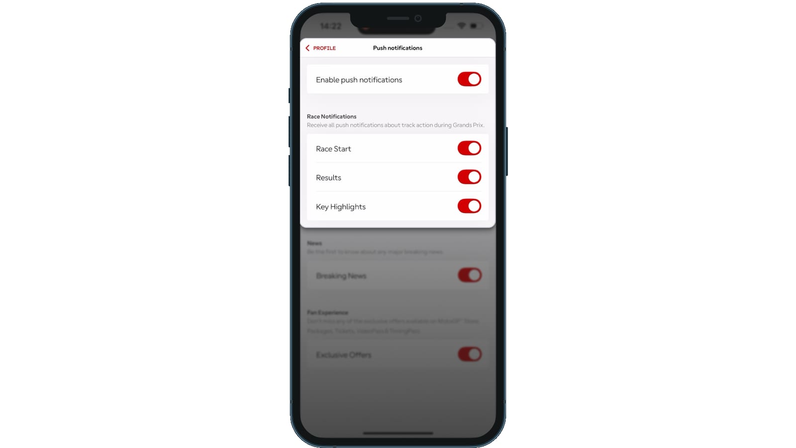 MotoGP notification settings showing five generic toggles with no rider, class or team option