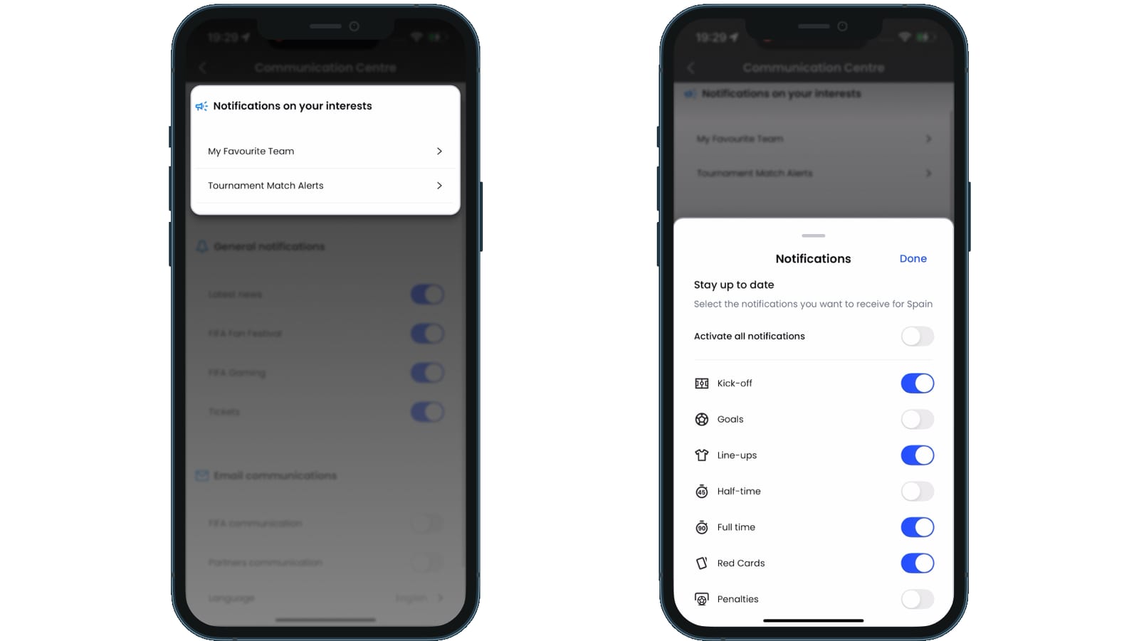 FIFA+ notification settings with granular per-team controls and a tournament-wide layer, both defaulting to ON