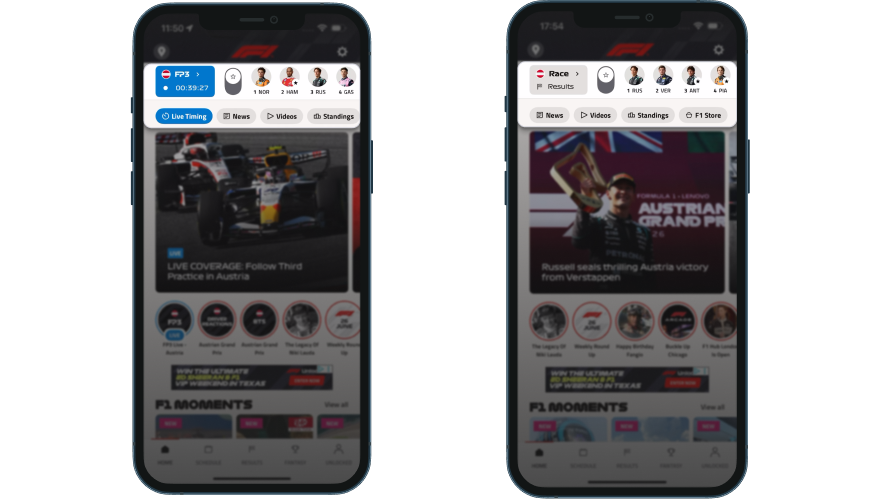 F1 app session bar: FP3 still live on the left, the Austrian GP race result already shown on the right