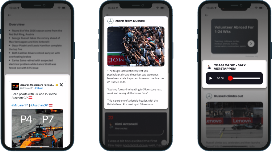F1 Live Blog showing driver quote cards, inline team radio clips, and race overview