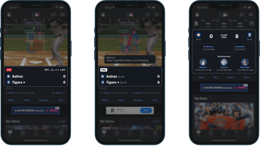 MLB Astros–Tigers Gameday in three states: live at Top 1, pitch tracker frozen on the final strikeout, then the full Wrap-style rebuild
