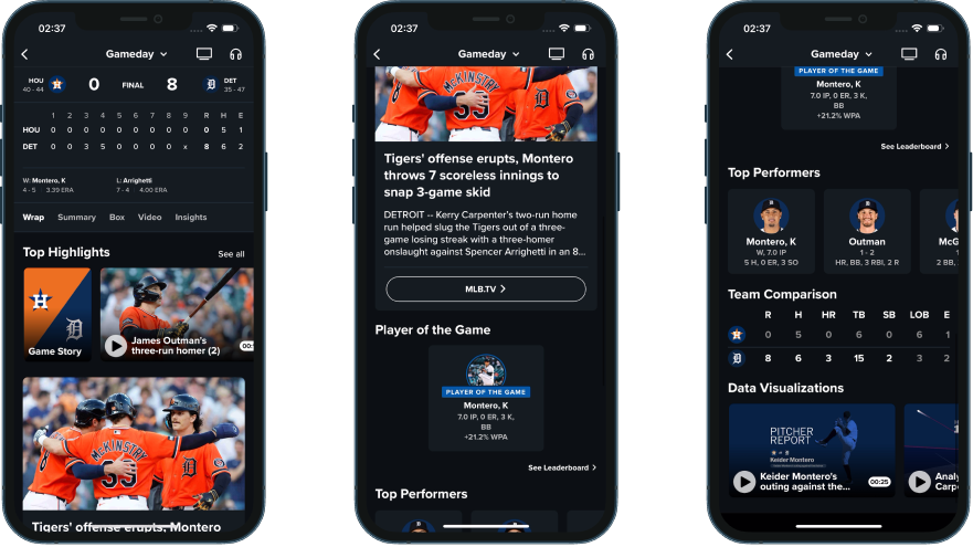 MLB Wrap tab showing line score, recap, Player of the Game, Top Performers, and Statcast visualisations
