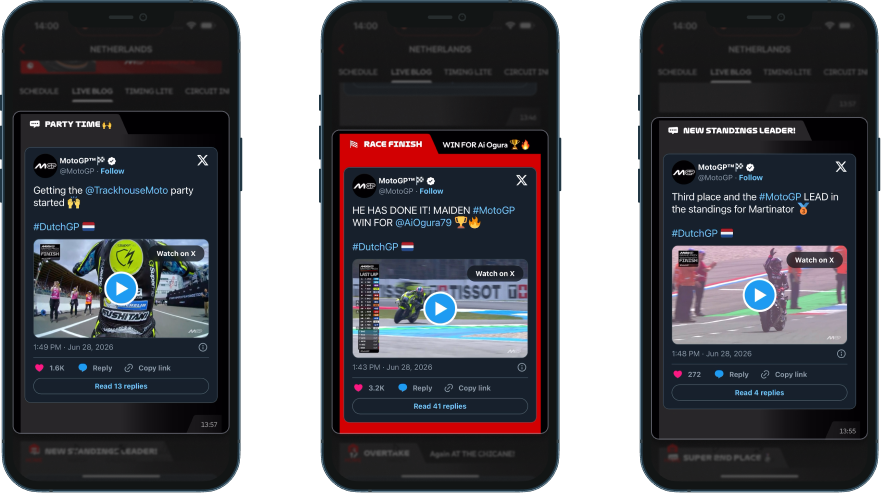 MotoGP Live Blog naming Ai Ogura within minutes of the race ending, with every video clip routed through Watch on X