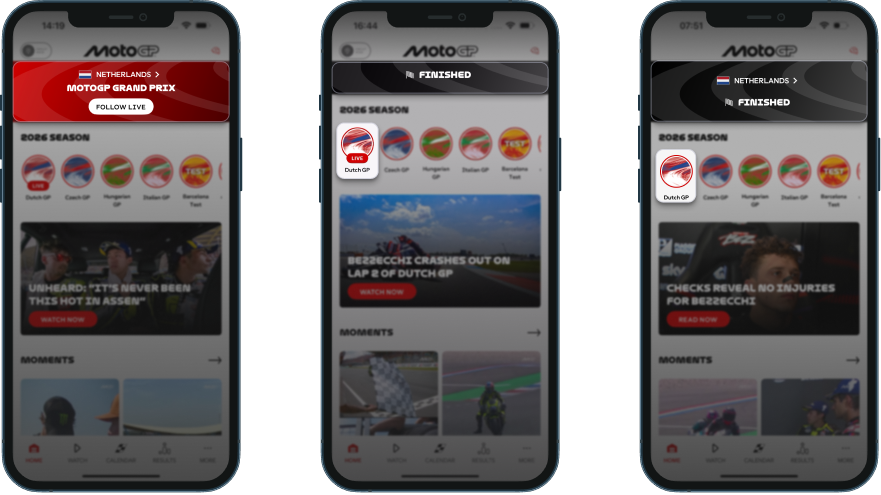 MotoGP home screen across 17 hours: Follow Live during the Dutch GP, then Finished with the Bezzecchi crash leading, then the same crash follow-up the next morning