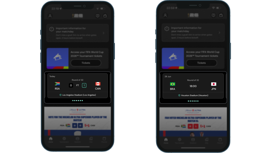 FIFA World Cup app home screen 40 minutes apart: the completed match card gives way to the next fixture, but the stadium-arrival banner at the top stays unchanged