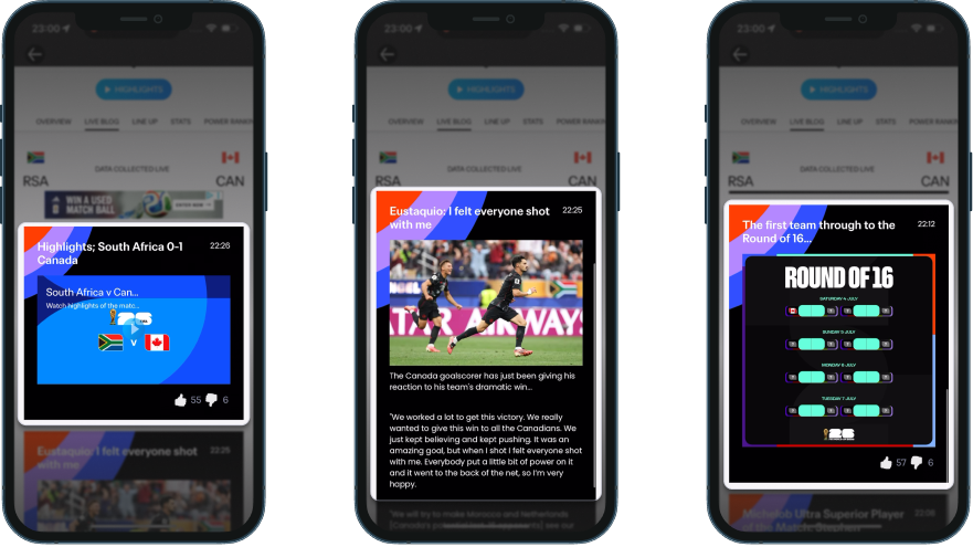FIFA World Cup Live Blog showing match highlights and player quotes in the same post-match feed