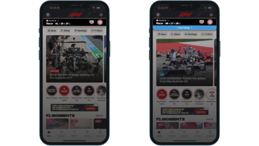 F1 app home screen: TAG Heuer countdown session bar at T-1h28m (left) and Live Timing banner appearing at T-12m (right)