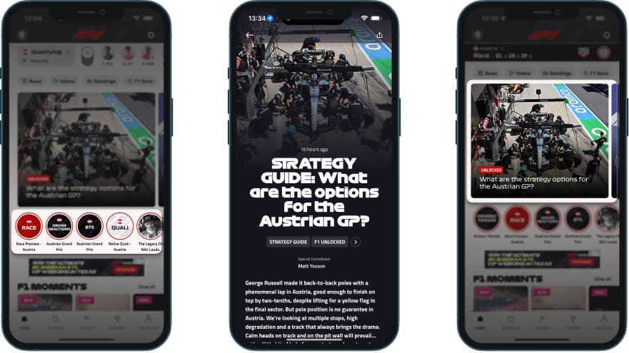 F1 app: story rail with qualifying preview (left), paywalled Strategy Guide open with race analysis (centre), home hero card still showing the same static guide (right)