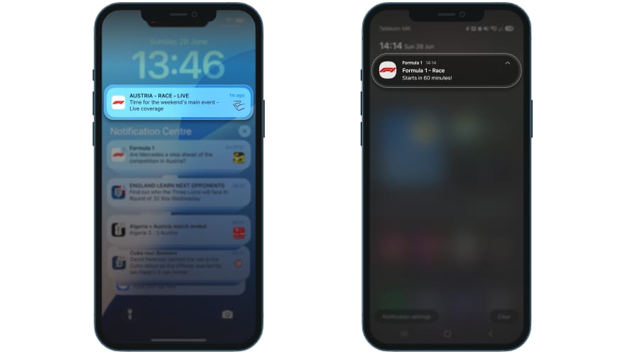 F1 push notifications: iOS notification centre showing 'AUSTRIA - RACE - LIVE' session-start push (left), Android lock screen with 'Formula 1 - Race: Starts in 60 minutes!' countdown push (right)