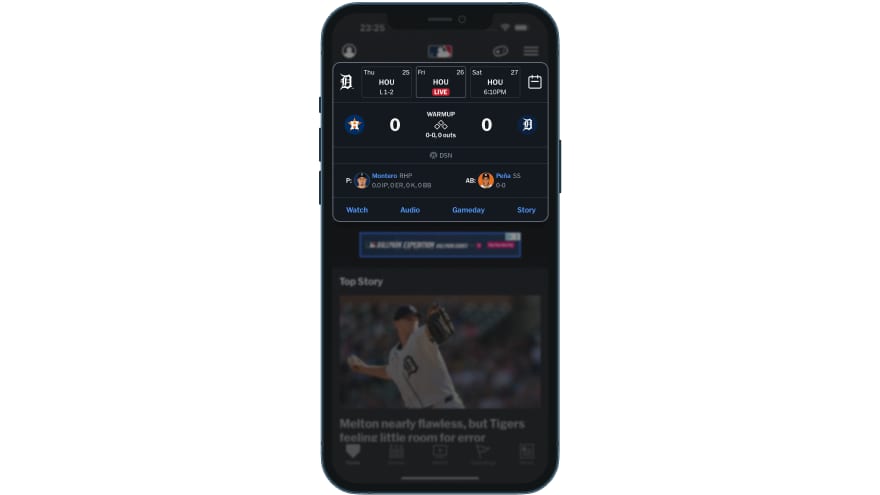 MLB app home screen in WARMUP state at T-15m, showing the score card with probable pitchers listed — the single binary flip from a static home screen