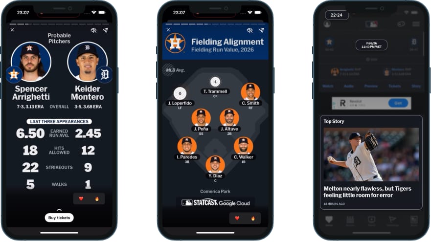 MLB Game Story cards: Probable Pitchers compared by last three starts (left), Statcast fielding alignment on a diamond diagram (centre), home screen with backwards-looking top story 18 hours old (right)