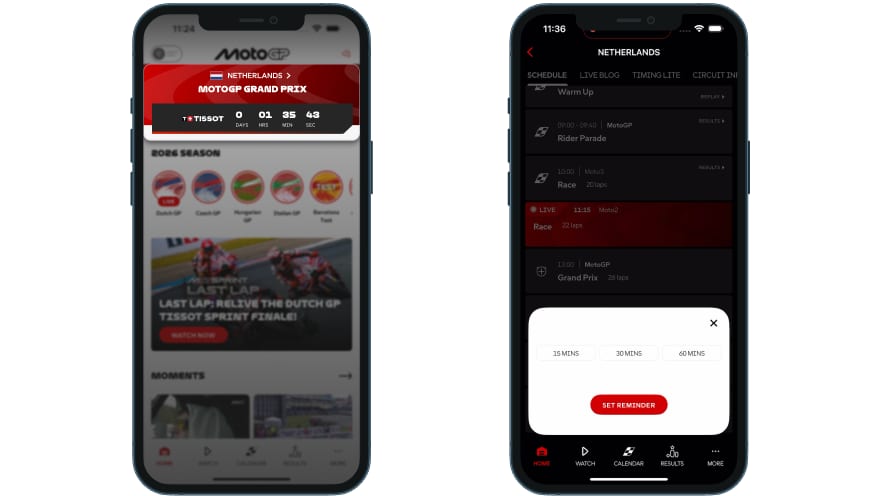 MotoGP app: Tissot-branded countdown hero card for Dutch GP (left) and one-tap reminder modal offering 15, 30 or 60 minute options with no calendar permission required (right)