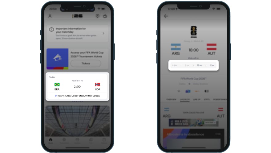 FIFA World Cup app: static home screen showing only the kickoff time (left), and the match detail page with a countdown timer one tap deeper (right)