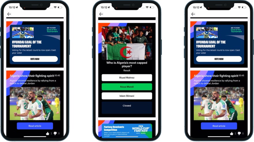 FIFA World Cup Live Blog showing a vote poll, a quiz question with answer options, and editorial entries — interactive pre-event content all in one container