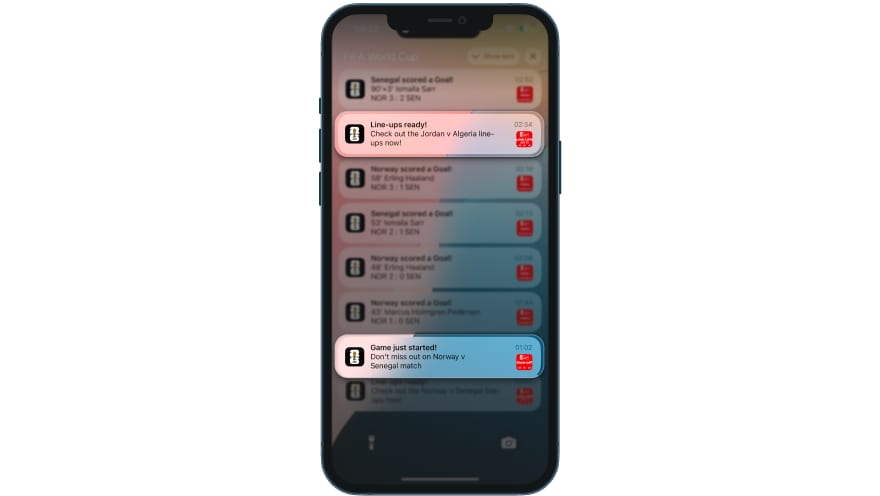 iPhone notification centre with FIFA 'Line-ups ready! Check out the Jordan v Algeria line-ups now!' highlighted among other match notifications