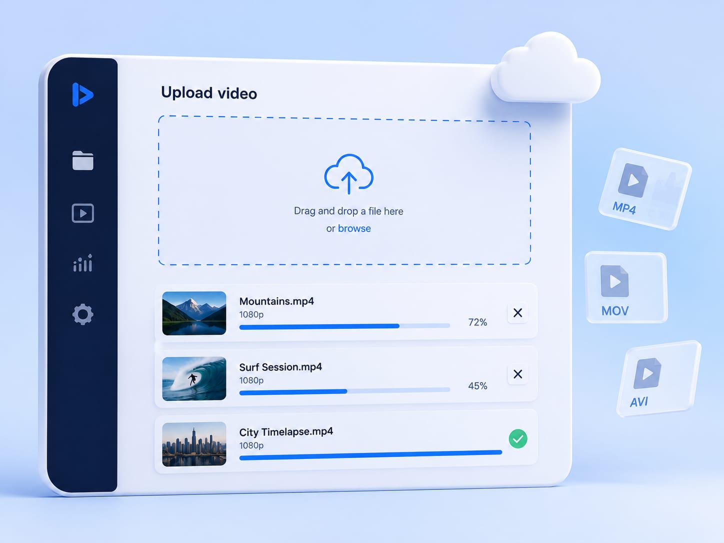 Mux Video Uploader drag-and-drop upload panel with videos in progress