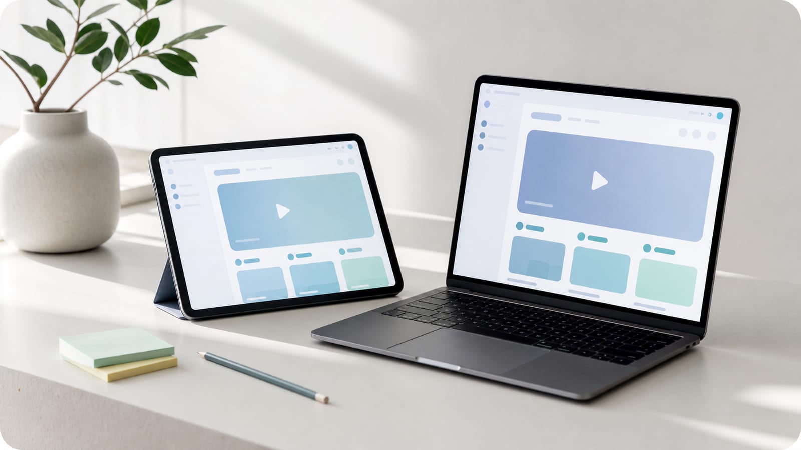 Minimal studio desk with tablet and laptop showing streaming product prototype screens