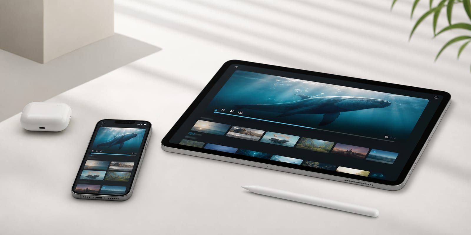 Minimal studio desk with smartphone and tablet showing native streaming app screens