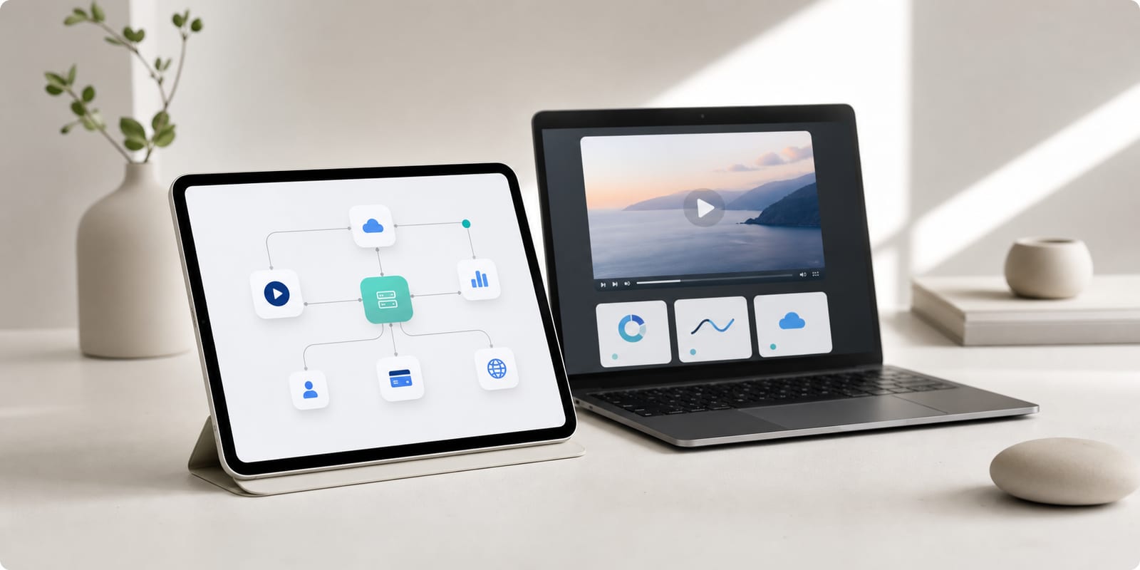 Minimal studio desk with tablet showing connected OTT platform integration nodes