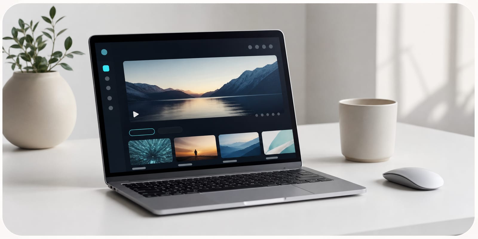 Minimal studio desk with laptop showing a custom web OTT platform interface
